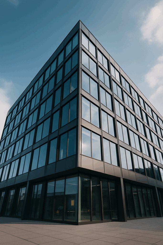 Mann im Business-Outfit mit Ledertasche steht vor einem modernen Bürogebäude mit Glasfassade und blickt in Richtung Architektur – Symbol für Investitionen in Gewerbeimmobilien.