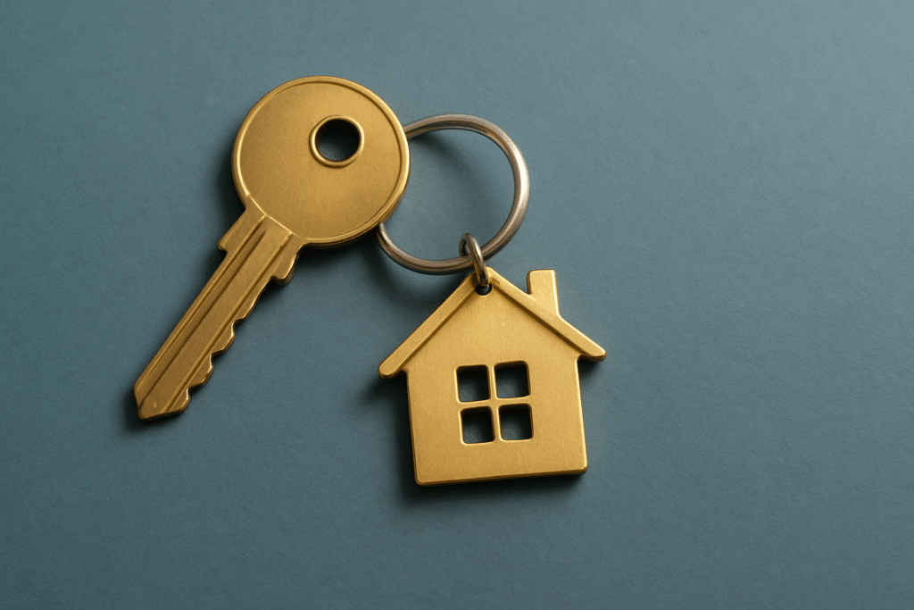 Brassfarbener Schlüssel mit Haus-förmigem Anhänger auf blauem Hintergrund – Symbol für Wohnungsvermietung bei Immobilien Seegerer.