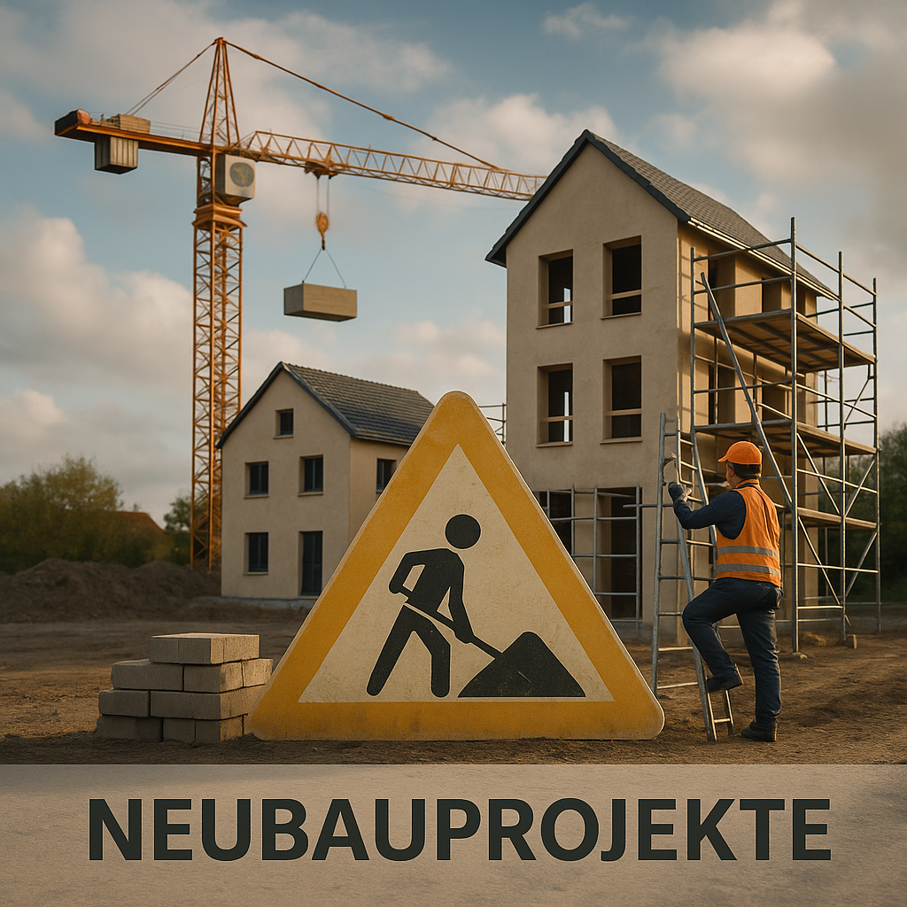 Neubauprojekt mit Bauarbeiter, Kran und Rohbau eines Mehrfamilienhauses – moderne Immobilienentwicklung mit Immobilien Seegerer