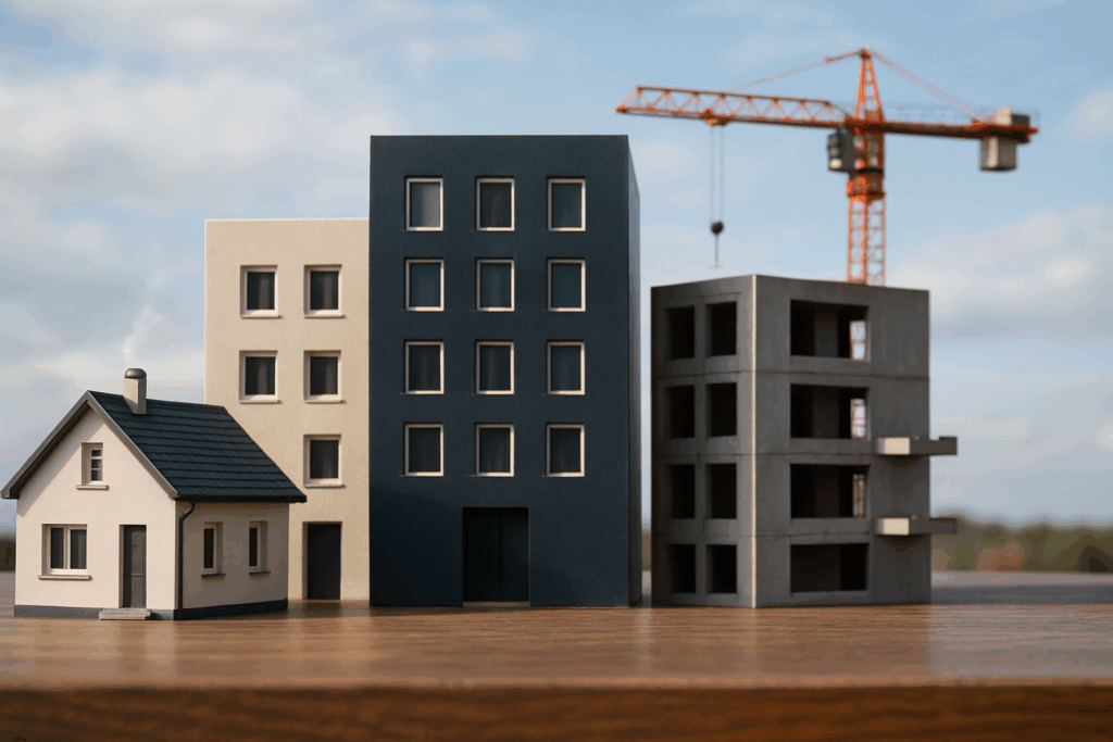 Modellhäuser auf einem Holztisch mit Baukran im Hintergrund – vom Einfamilienhaus bis zum Neubauprojekt, symbolisch für das Immobilienangebot bei Immobilien Seegerer