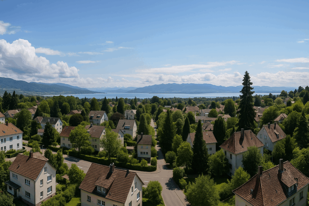 Panoramablick vom Wannental über grüne Wohnhäuser hinweg auf den Bodensee mit Alpenkulisse im Hintergrund