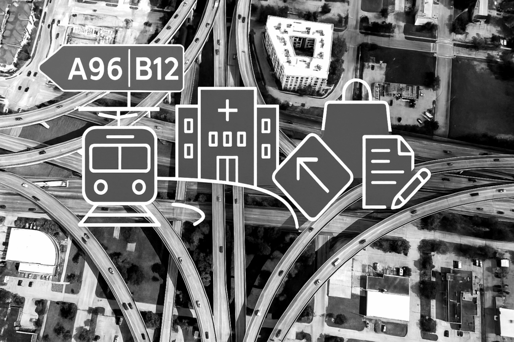 Luftaufnahme eines Autobahnkreuzes mit Symbolen für Bahn, A96, B12, Krankenhaus, Einkauf und Dokumente als Darstellung der Infrastruktur im Wannental bei Lindau