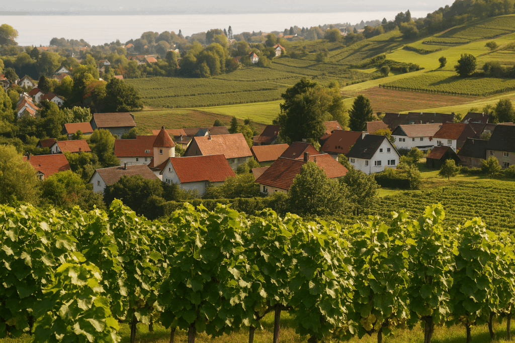 Blick über Schönau bei Lindau mit roten Hausdächern, Weinreben im Vordergrund und dem Bodensee im Hintergrund