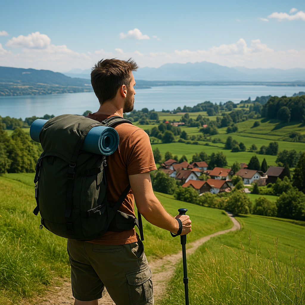 Wanderer mit Rucksack blickt vom Hügel bei Achberg über grüne Landschaft auf den Bodensee und die Alpen