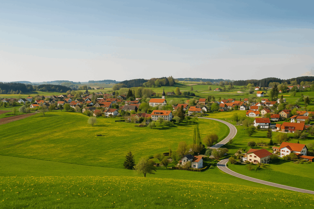 Panoramablick auf ein Dorf bei Achberg mit roten Dächern, grünen Wiesen und geschwungener Landstraße inmitten einer hügeligen Frühlingslandschaft