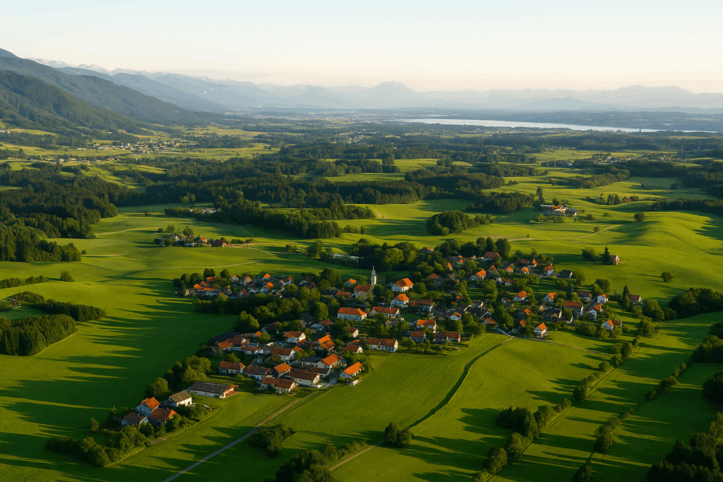 Luftaufnahme eines Dorfes bei Hergensweiler mit Kirche, roten Dächern, Wiesen, Wäldern und Blick auf den Bodensee in der Ferne