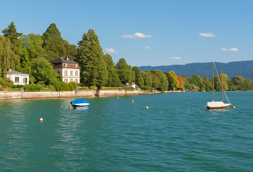 Sonniger Blick auf das Bodenseeufer mit Villa, Booten und blauem Himmel bei ruhigem Wasser