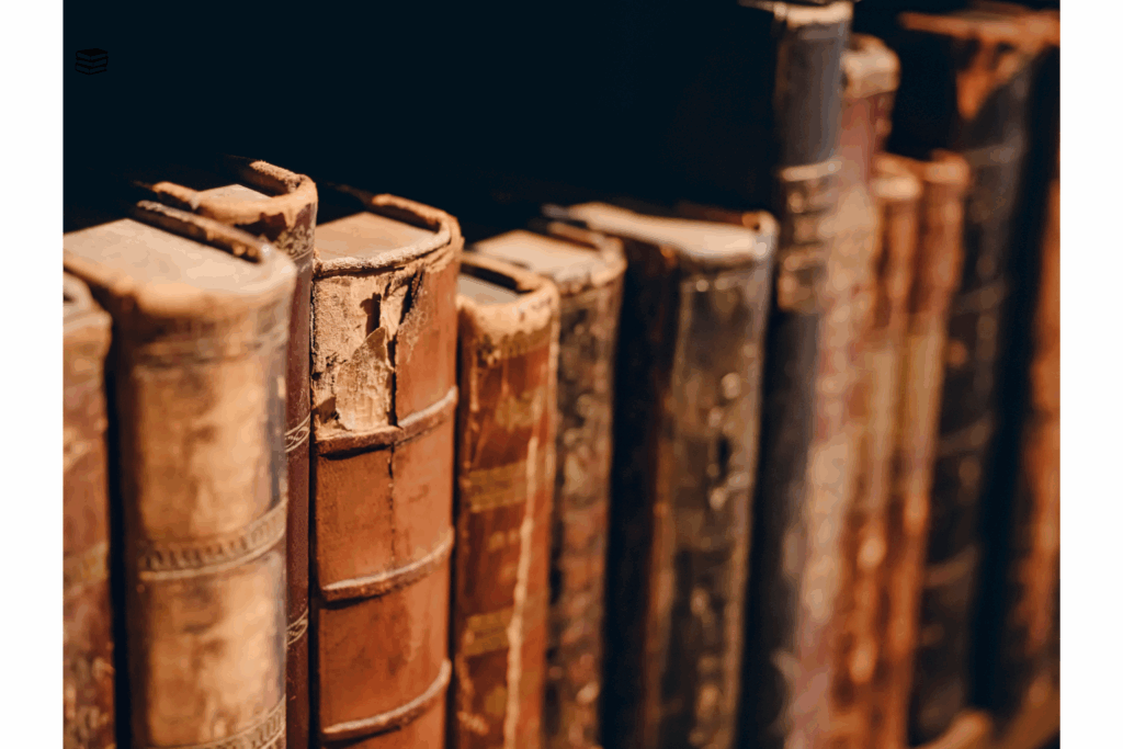 Reihe antiker, ledergebundener Bücher mit sichtbaren Gebrauchsspuren in einem dunklen Bücherregal