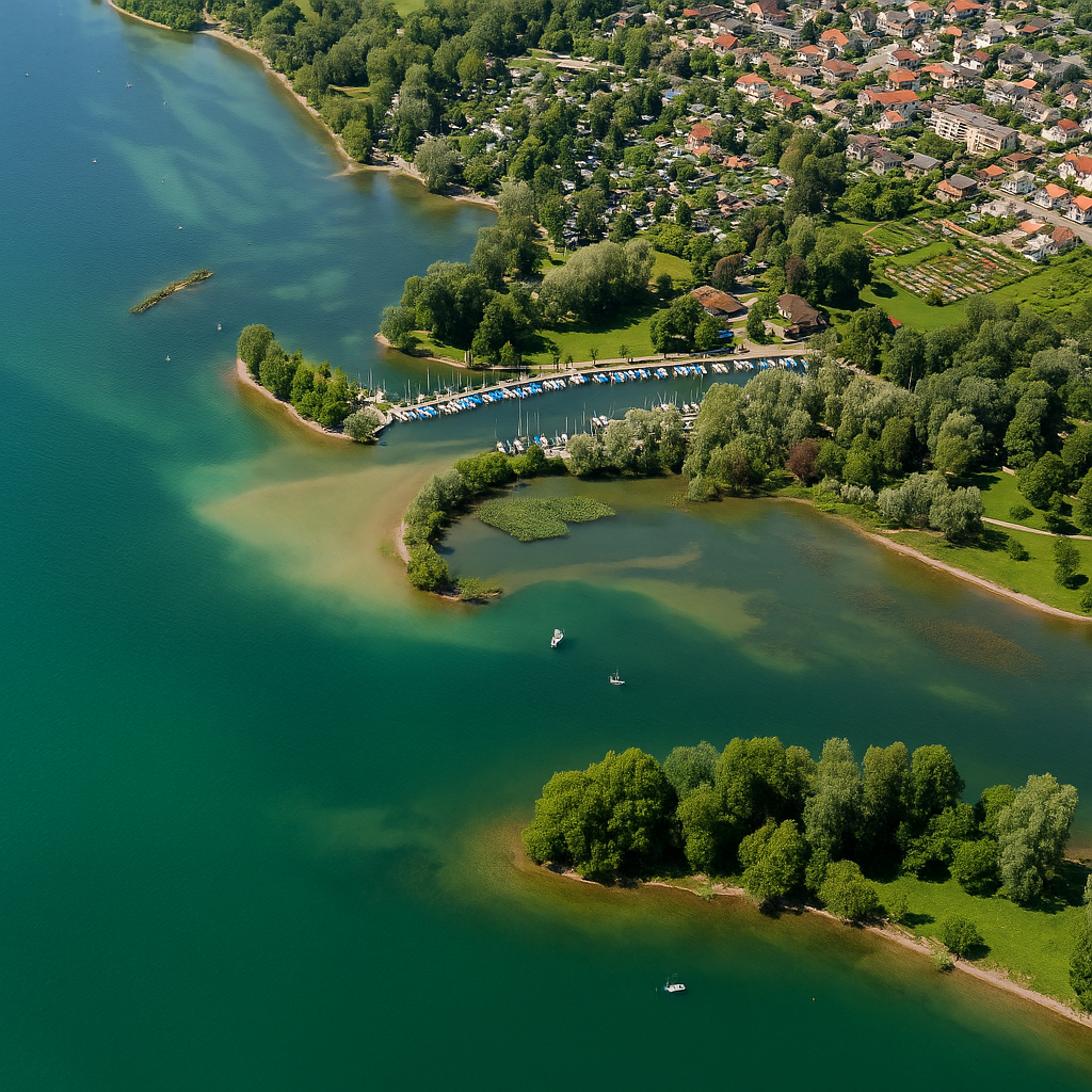 Luftaufnahme des Sporthafens Zech bei Lindau mit Bootsanlegern, Grünflächen, Wasserwegen und angrenzender Wohnsiedlung am Bodensee