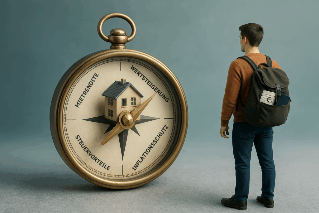Symbolbild Immobilien als Kapitalanlage: Kompass mit Haus zeigt Mietrendite, Steuervorteile, Inflationsschutz und Wertsteigerung.