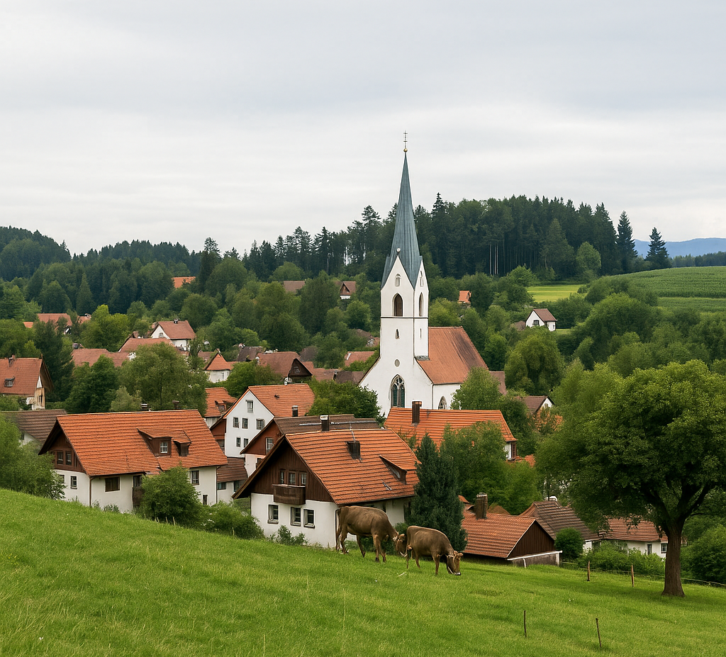 Luftaufnahme von Oberreitnau bei Lindau mit Kirche, Einfamilienhäusern, Wiesen und umliegender Hügellandschaft