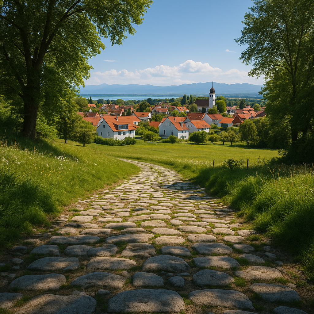 Ein fotorealistischer Römerweg mit Kopfsteinpflaster führt symbolisch in eine moderne Wohnsiedlung, die an Weißensberg bei Lindau erinnert