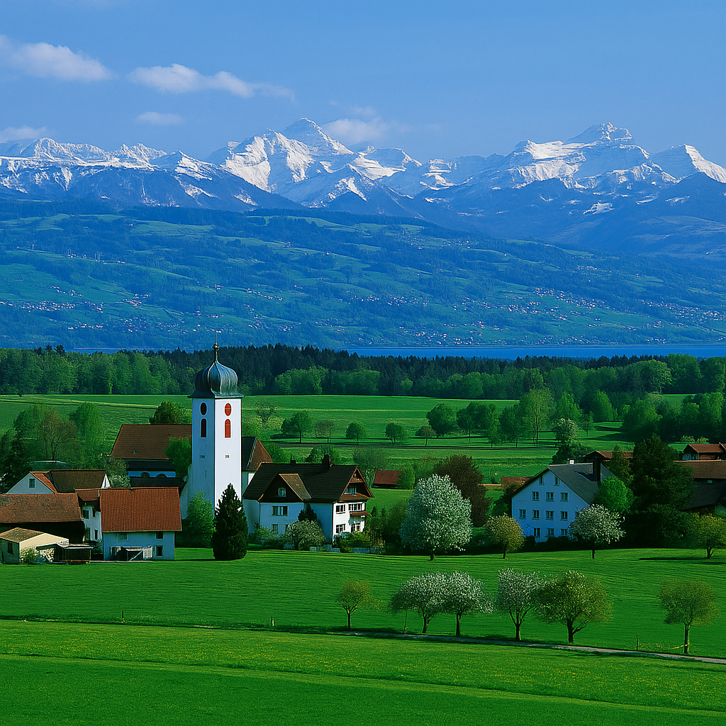 Kirchturm von Unterreitnau bei Lindau mit umliegenden Wohnhäusern, grünen Wiesen und schneebedecktem Alpenpanorama im Hintergrund