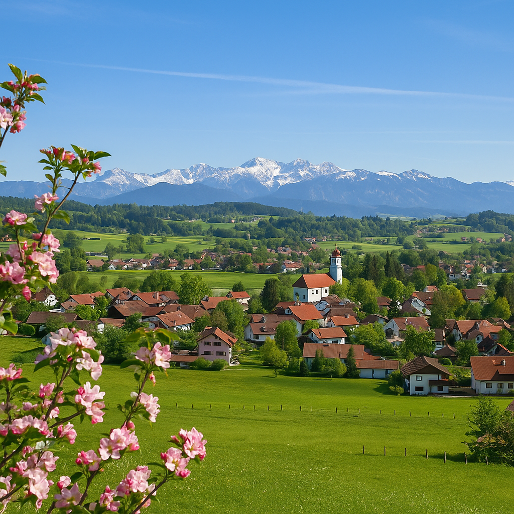 Panoramablick auf Oberreitnau bei Lindau mit grünen Wiesen, Einfamilienhäusern, Kirchturm und Alpenkulisse im Hintergrund
