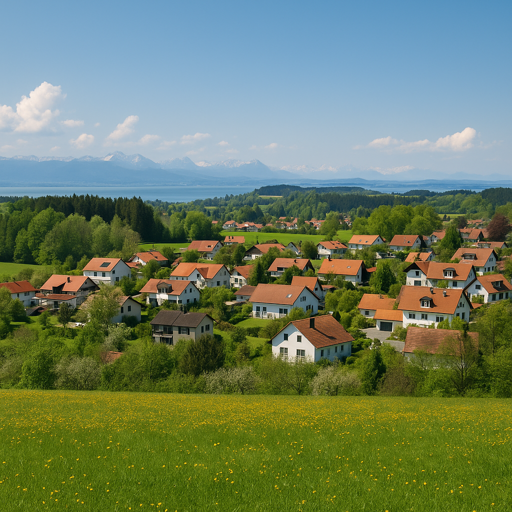 Darstellung des Ortes Weißensberg bei Lindau mit roten Ziegeldächern, Wiesen, Streuobstbäumen und Blick auf Bodensee und Alpen